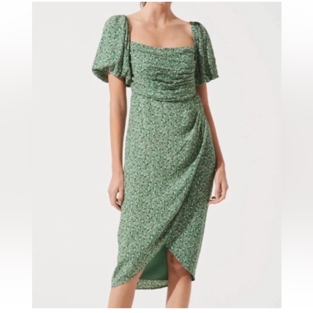 ASTR The Label Green Floral Square Neck Bubble Sleeve Midi Dress - Size XL - Picture 14 of 14